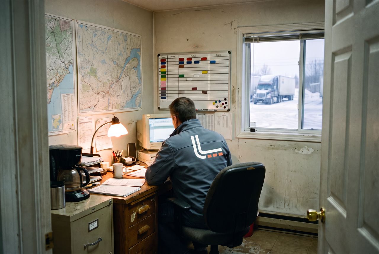 Petit bureau de répartition : cartes routières, tableau magnétique et camion visible par la fenêtre