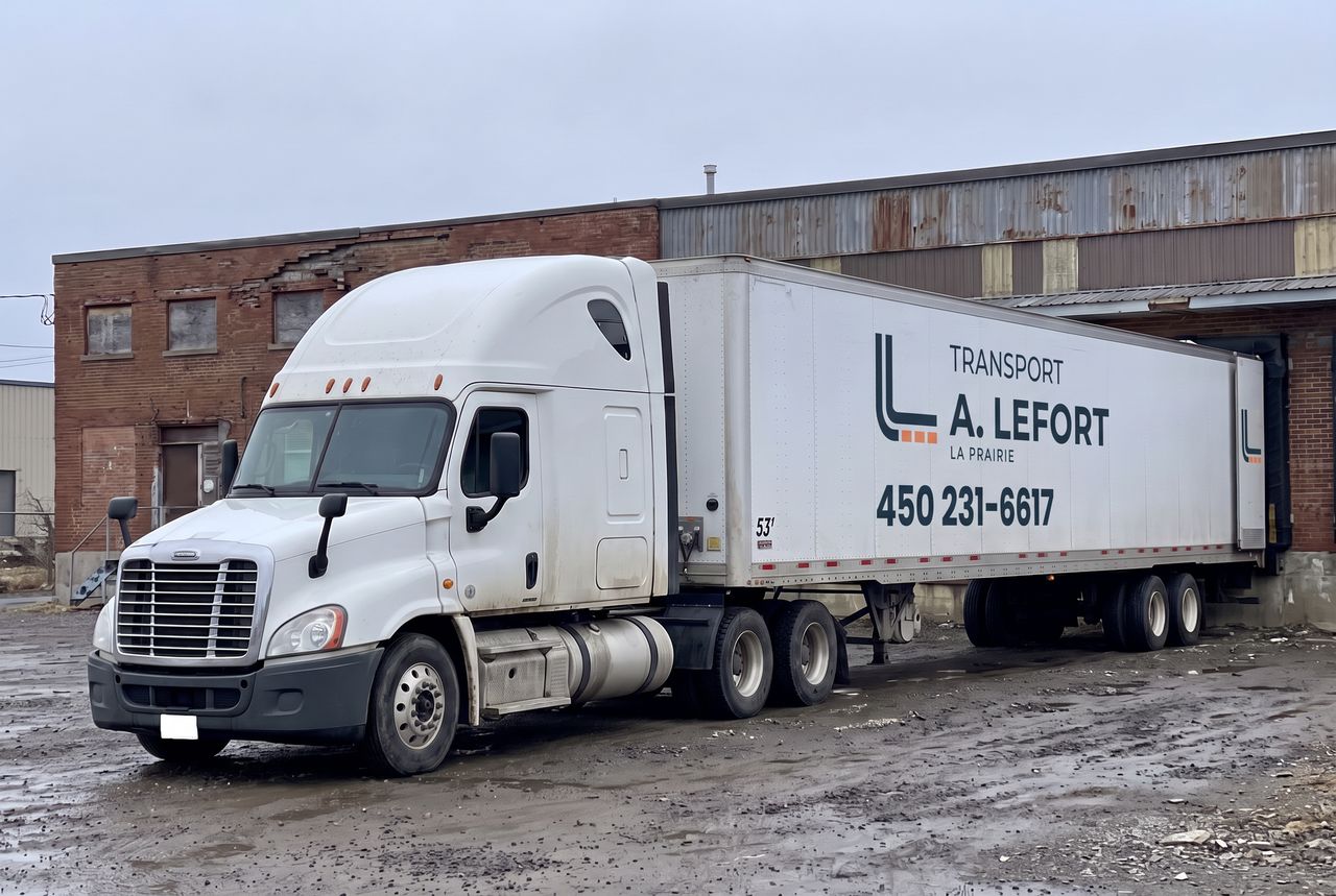 Camion d'A. Lefort Transport garé près d'un quai de chargement en brique, par temps gris