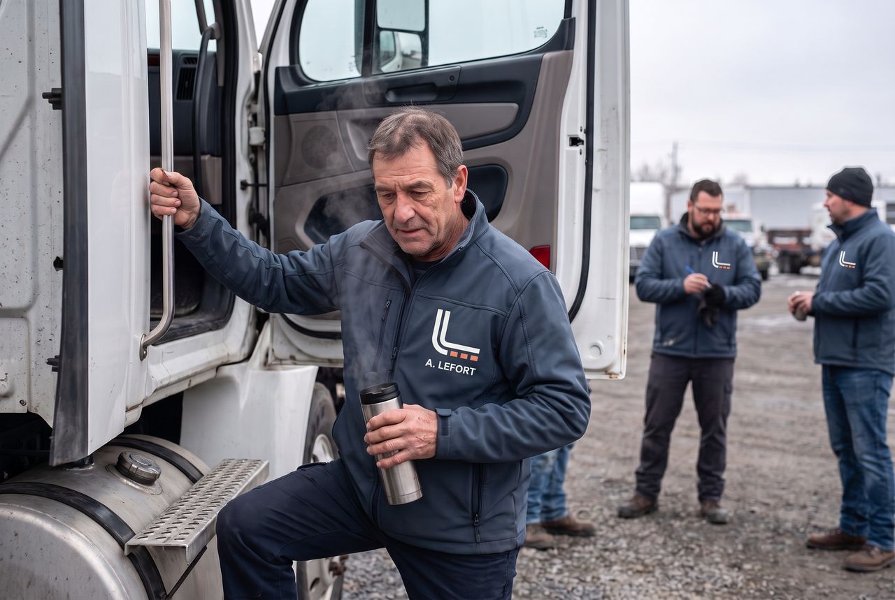 Chauffeur qui descend de la cabine d'un tracteur blanc, thermos à la main, à la cour tôt le matin